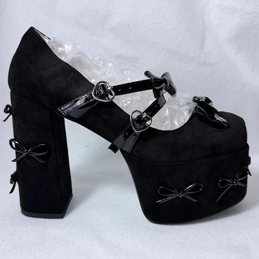 Black Bow Platform Mary Jane Pumps Heart Buckle Block Heel Sz US 10 New sexy
